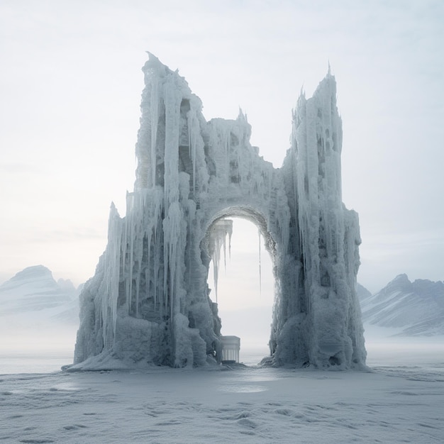 Intricate ice ruins minimalist frozen beauty