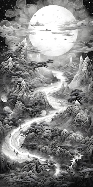 An intricate ink painting inspired by the ancient Chinese classic He tu and Luo shu Depicting th