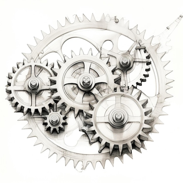 Intricate Interconnected Gears A Pencil Drawn Masterpiece on a White Background