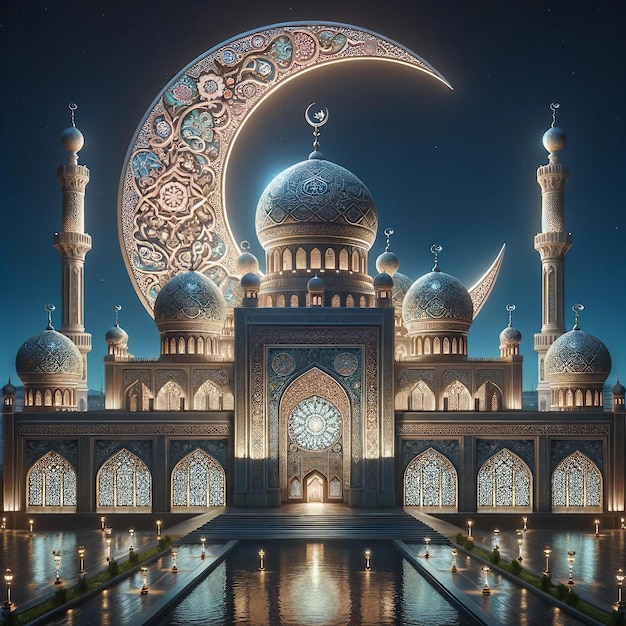 Intricate Islamic Mosque Architecture under Moonlit Sky