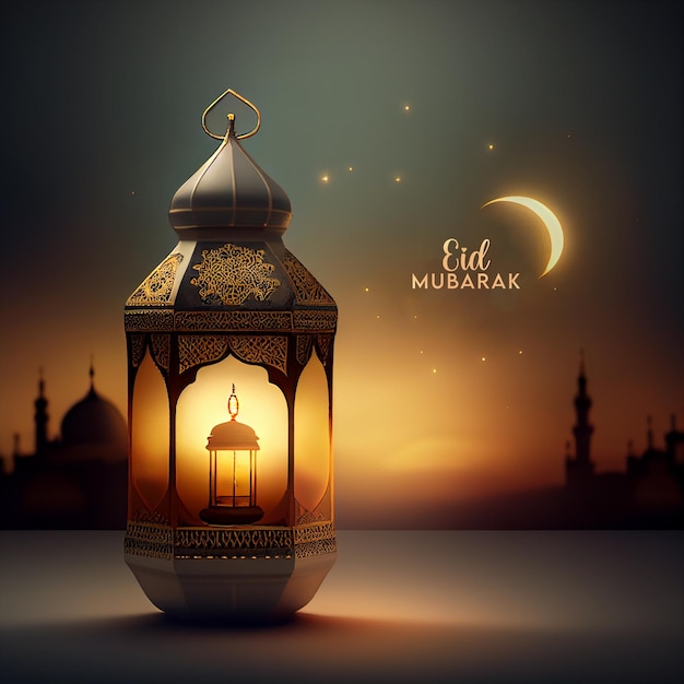 An intricate lamp with the words eid mubarak on it