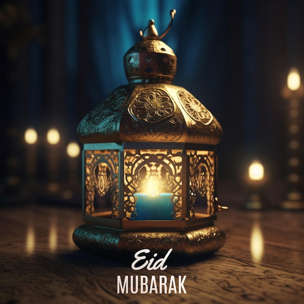 An intricate lamp with the words eid murak on it.