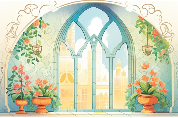 Photo intricate lattice work in pointed arch window at a convent magazine style illustration