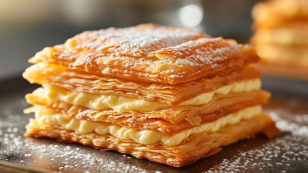 Foto gli intricati strati di una delicata pasticceria di millefeuille che evidenziano la consistenza squamosa