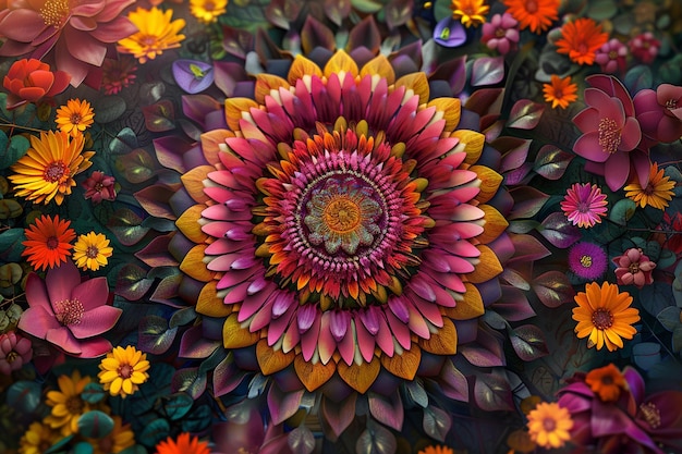 Intricate mandala made of vibrant flowers and leav