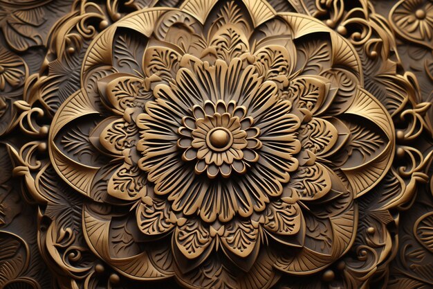 Intricate mandala patterns embossed on a metallic gold surface for a 3D effect