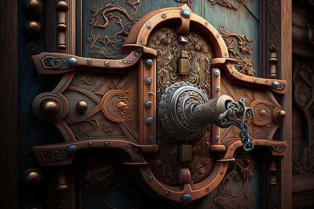 An intricate metal lock on a wooden door