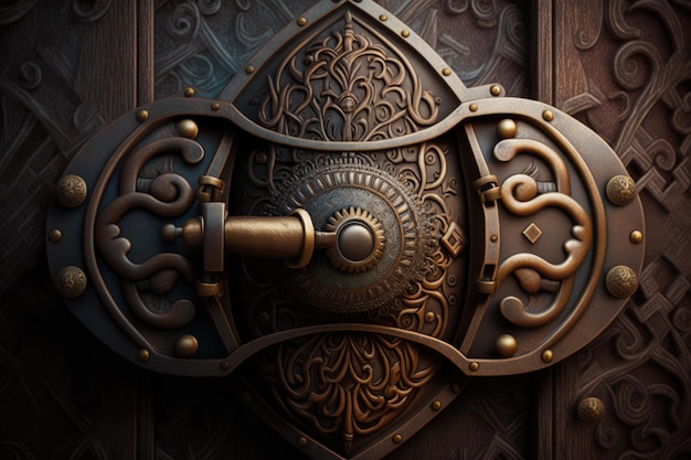 An intricate metal lock on a wooden door