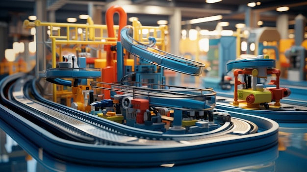 Intricate model of a roller coaster winding through a majestic building