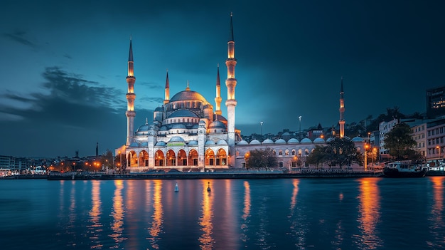 Intricate mosque building and architecture at night