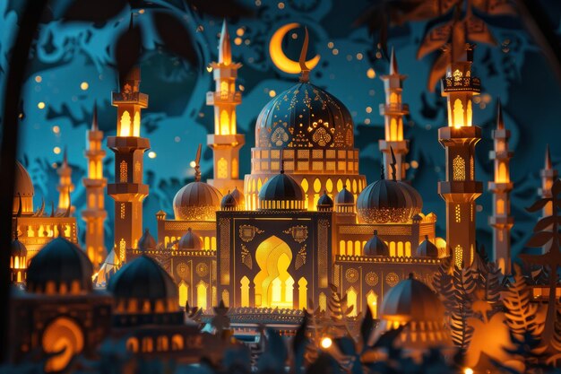 Intricate Paper Art of Islamic Architecture A beautifully crafted paper art diorama depicting Islami