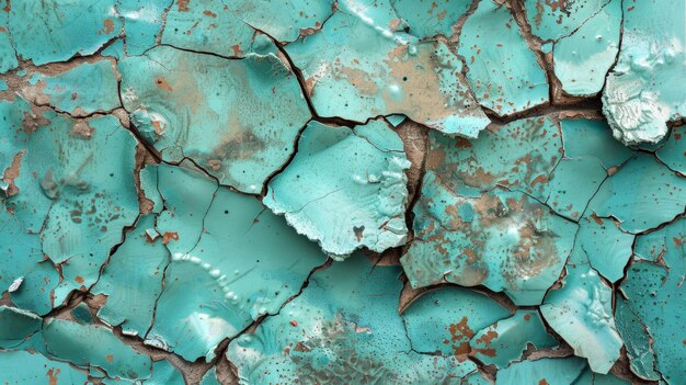 The intricate pattern of cracked turquoise paint reveals the passage of time on a textured surface A beautiful decay that blends art with entropy