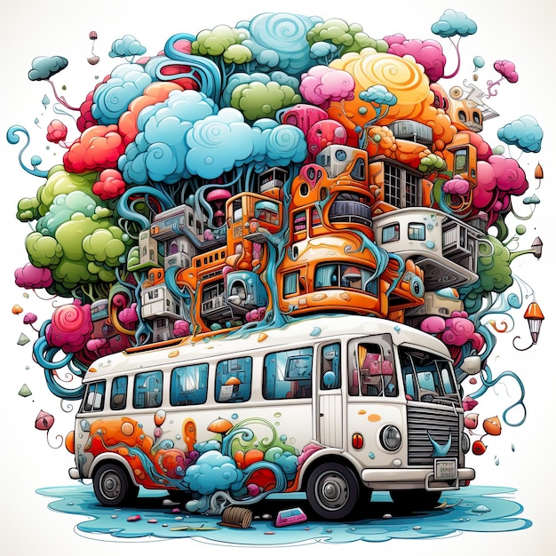 Intricate Pen Illustration of Bus Filled with Cartoon Characters in Clouds