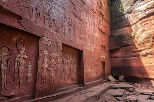 Intricate petroglyphs on a red sandstone wall created with generative ai