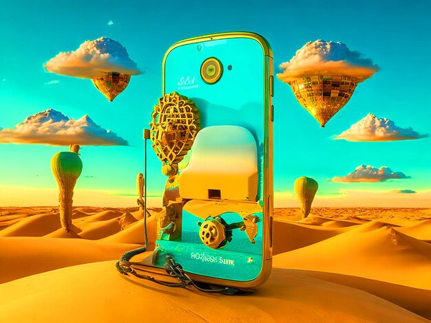 Photo intricate phone in a giant movil in the background a super illuminated desert multicolorbeautiful