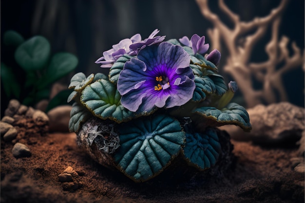 Intricate purple petals of an African violet closeup