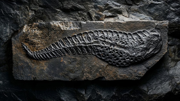 Photo intricate and raised impressions on a dark stone believed to belong to a hadrosaur with its unique