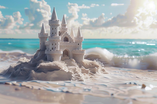 Intricate sandcastle on a pristine beach