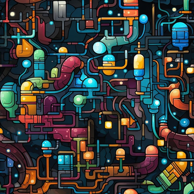 Intricate science fiction inspired pipe pattern in vivid colors tiled