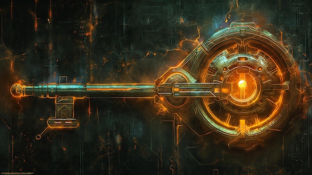 An intricate scifi weapon with a glowing core mounted on an aged metallic surface exuding a powerful