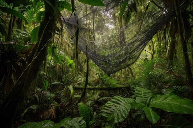 Foto intricata ragnatela appesa tra le foglie di un lussureggiante baldacchino della giungla creato con l'ia generativa