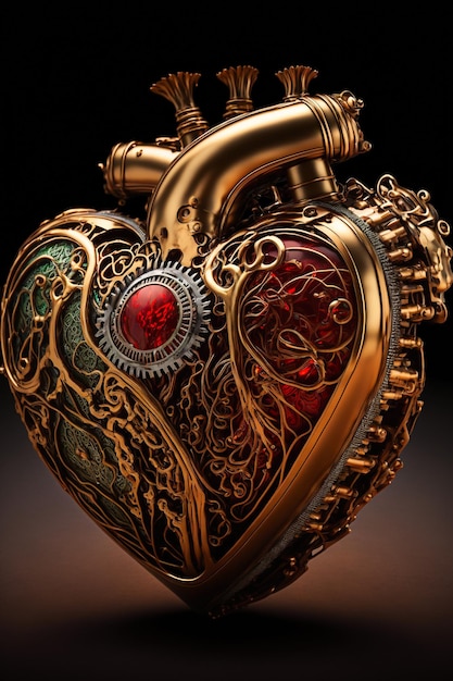 Intricate steampunk anatomical heart on black background