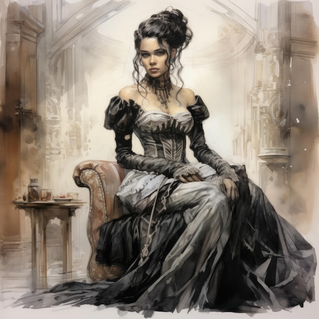 Intricate Steampunk Illustration Of A Victorian Spokeswoman In Black And White Dress