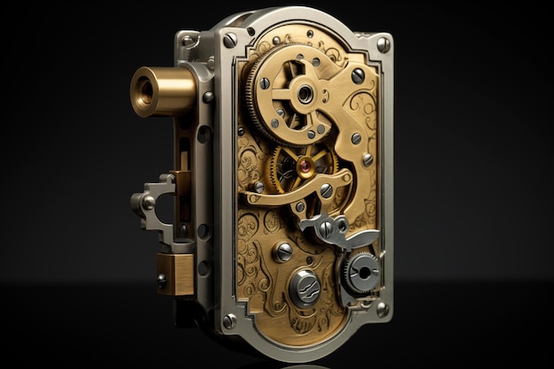 Intricate steampunkinspired mechanical lock with gears and ornate details on a dark background