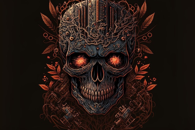 Intricate t shirt design of a mechanical skull head illustration