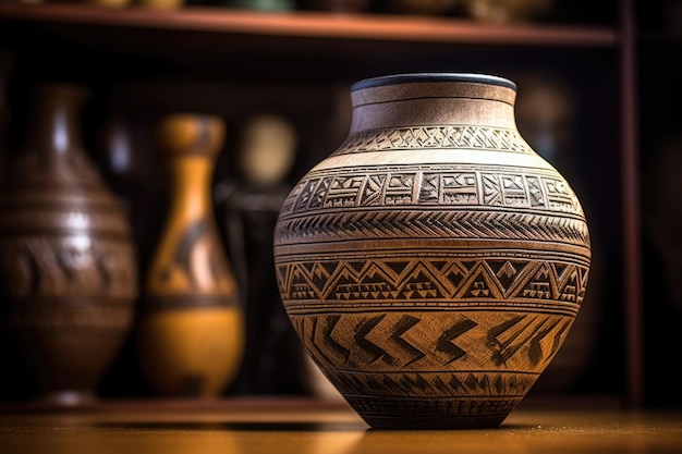 Intricate traditional tribal pottery in natural light created with generative ai