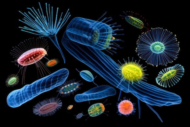 Intricate ultramagnified visualization of marine plankton species under microscope