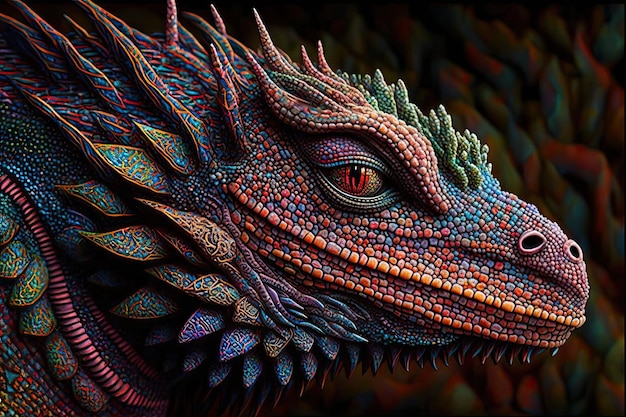 Intricate vibrantly colored delicately carved dragon pointing