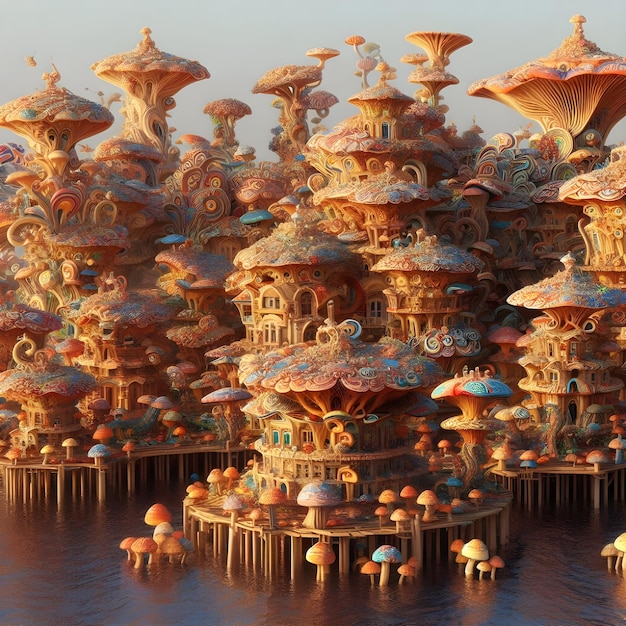An intricate village made of psychedelic mushrooms