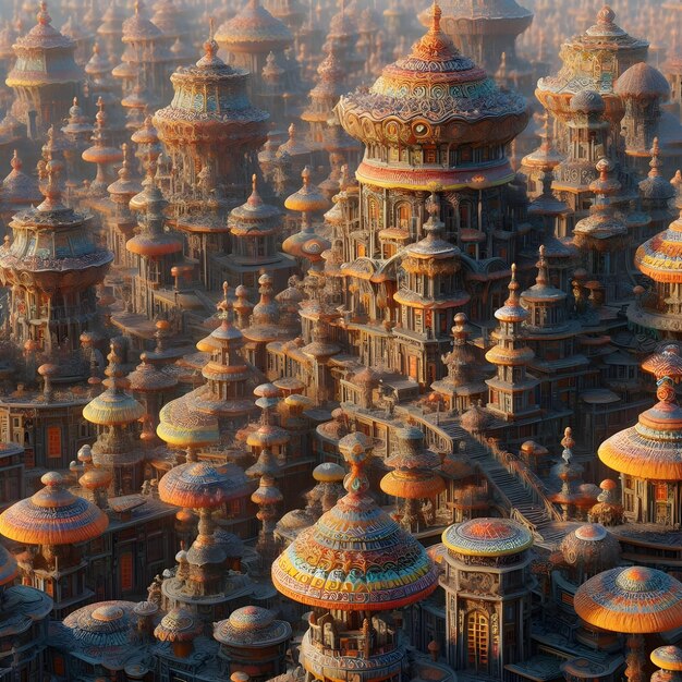 An intricate village made of psychedelic mushrooms