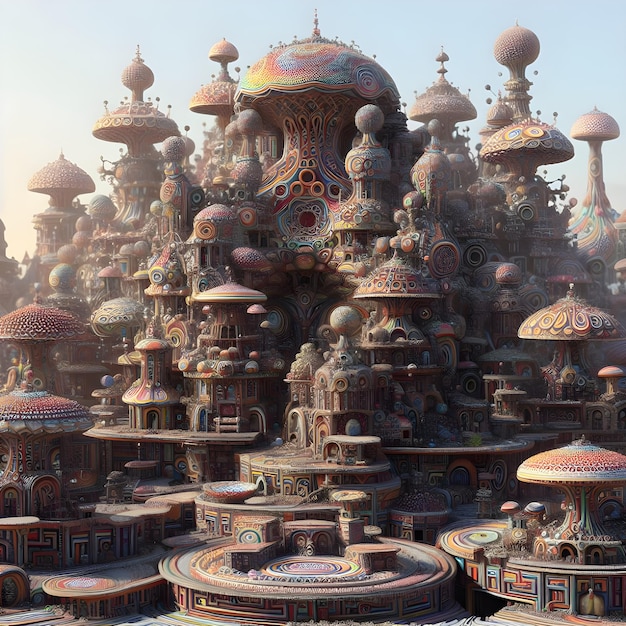 An intricate village made of psychedelic mushrooms