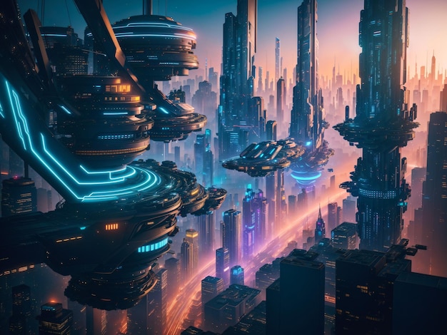 Photo intricate visually stunning cyberpunk city skyline filled with interconnected bridges