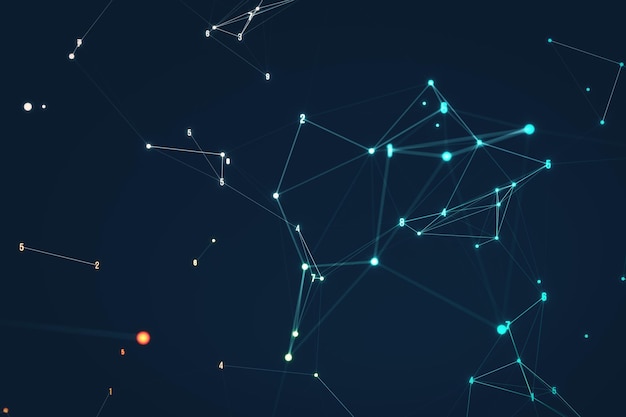Intricate web of nodes and lines on technological blue backdrop Data network concept 3D Rendering