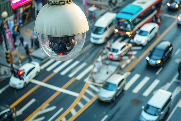 Photo intricate web of surveillance cameras at a city intersection tracking capabilities for monitoring in