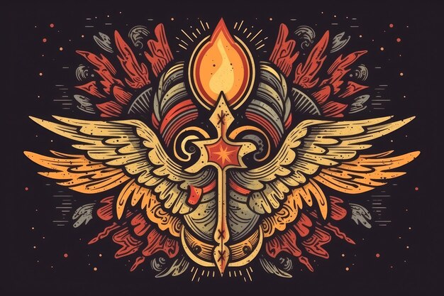 An intricate winged design with a lit candle