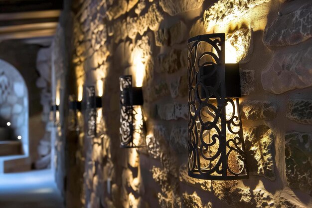 Intricate wrought iron wall sconces lighting up a stonewalled meeting room