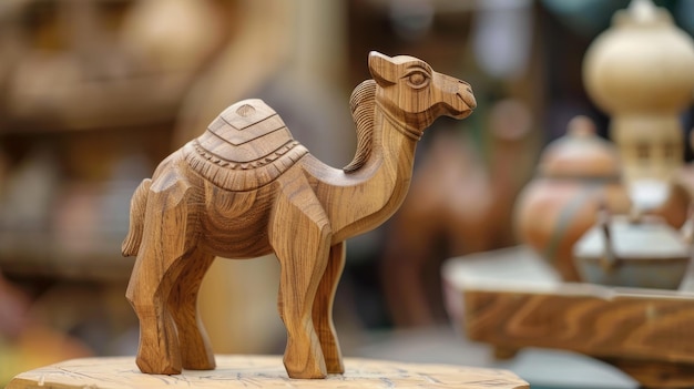 intricately carved wooden camel ornament on table in market setting