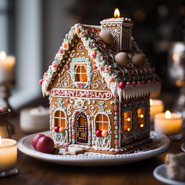 An intricately decorated gingerbread house with tiny sugar snowmen and candy cane fences showcasing