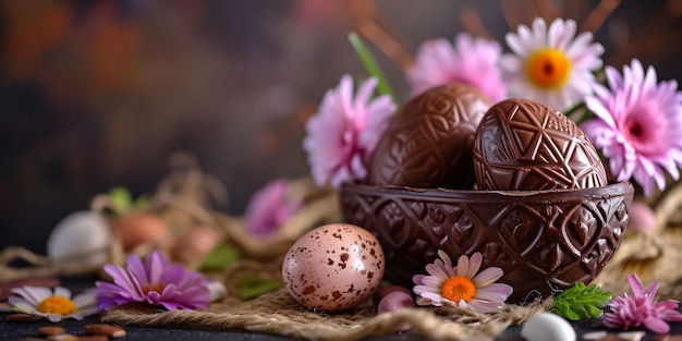 Intricately designed chocolate eggs rest in a dark basket surrounded by pink blossoms and a speckled egg on burlap cozy festive spirit ideal for Easterthemed content