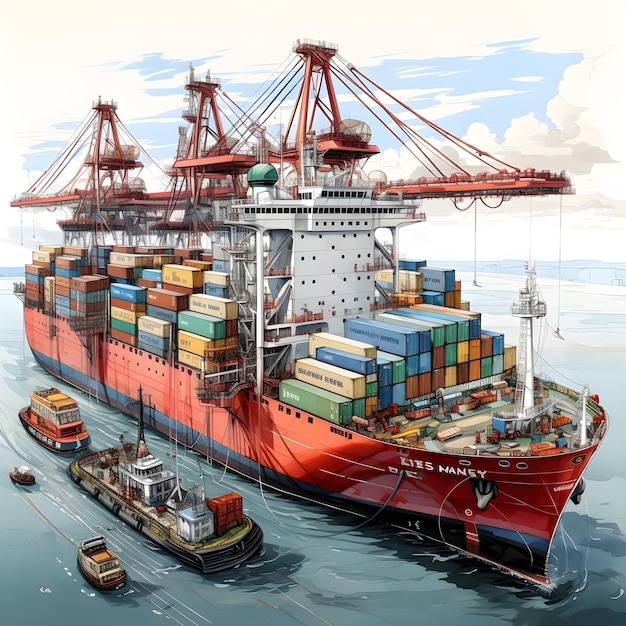 Foto illustrazione isometrica 2d estremamente dettagliata che mostra dieci container individuali di navi da carico