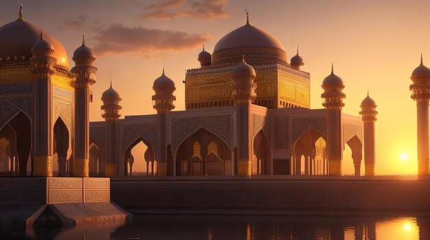 An intricately detailed Islamicstyle palace illuminated by the setting sun