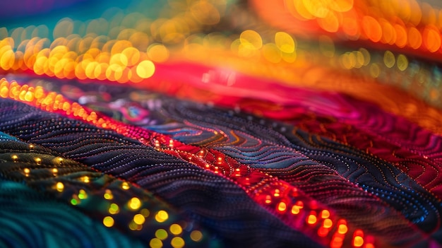 An intricately embroidered quilt with interactive led lights showcasing the fusion of traditional