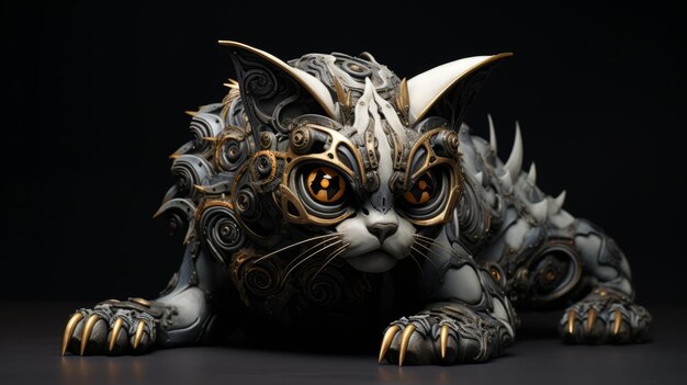 Intricately Sculpted Scifi Cat With Dark Gold Baroque Design