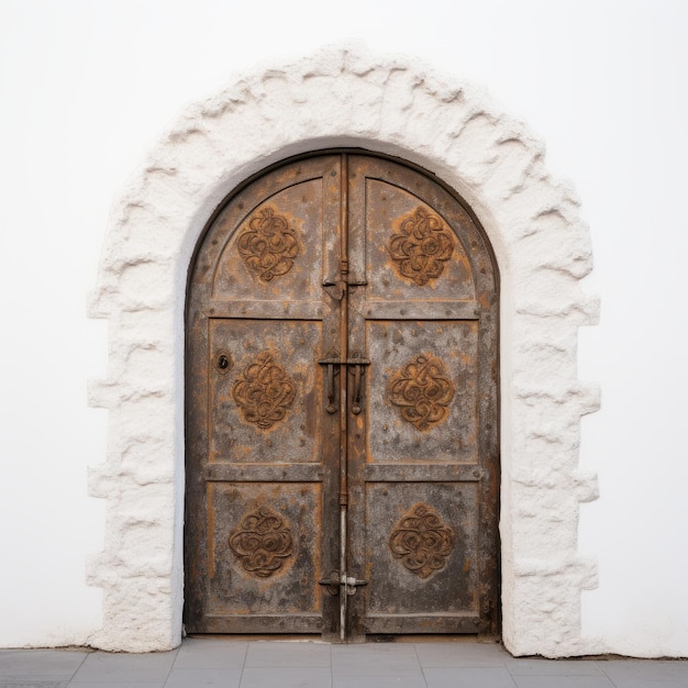 Сложно оформленная деревянная дверь в византийском стиле на белой стене