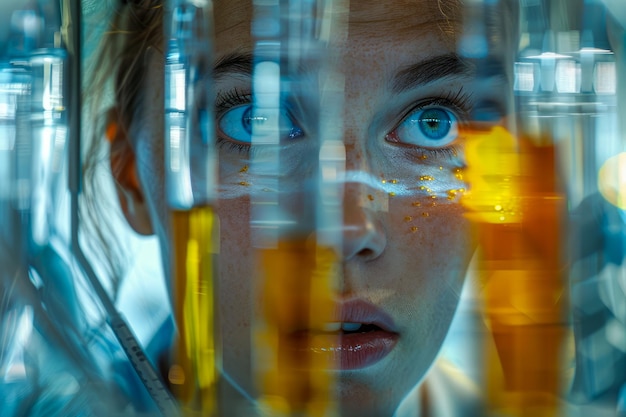 Photo intrigued female scientist examining yellow chemical substances in laboratory test tubes with a