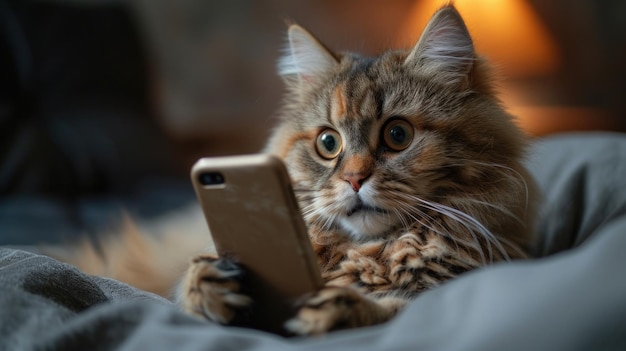 Intrigued Fluffy Cat with a Smartphone